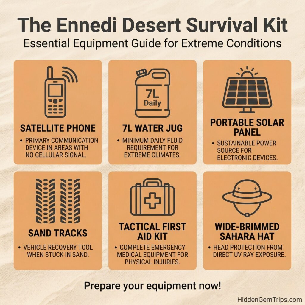 Checklist for Ennedi Massif Secret Desert expedition essentials including solar panels and water storage.