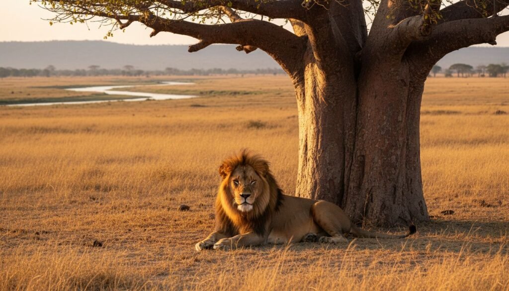 Forget the Serengeti: 7 Reasons Why This Ruaha Safari Guide Is Your Ultimate Wild Escape of 2026 2 Ruaha Safaris Guide showing a male lion under an ancient baobab tree in Tanzania.