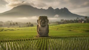Lore Lindu Megaliths Palindo statue in Central Sulawesi Indonesia.