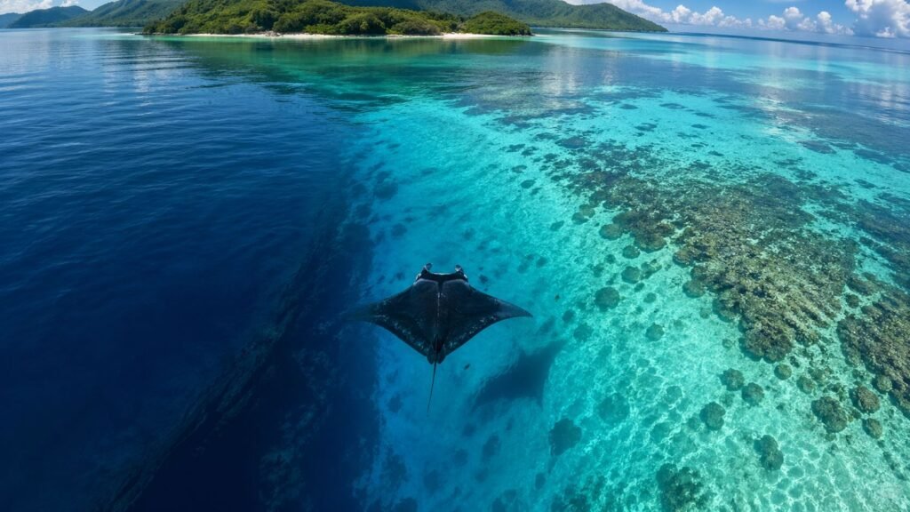An aerial view of a giant manta ray swimming in the crystal-clear turquoise waters of the breathtaking Derawan Islands.
