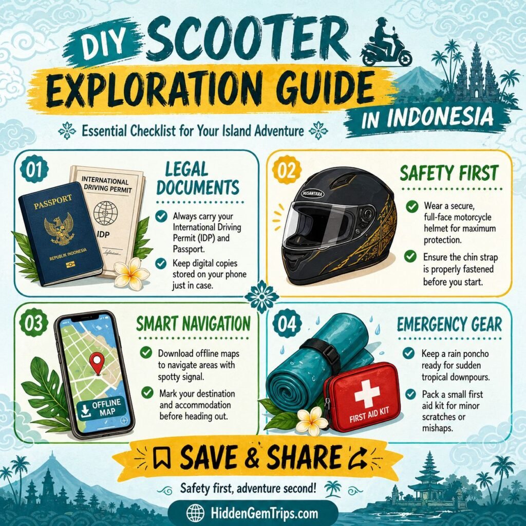 A 4-point safety checklist for renting and riding a scooter while applying budget hacks for finding hidden gems in Indonesia.