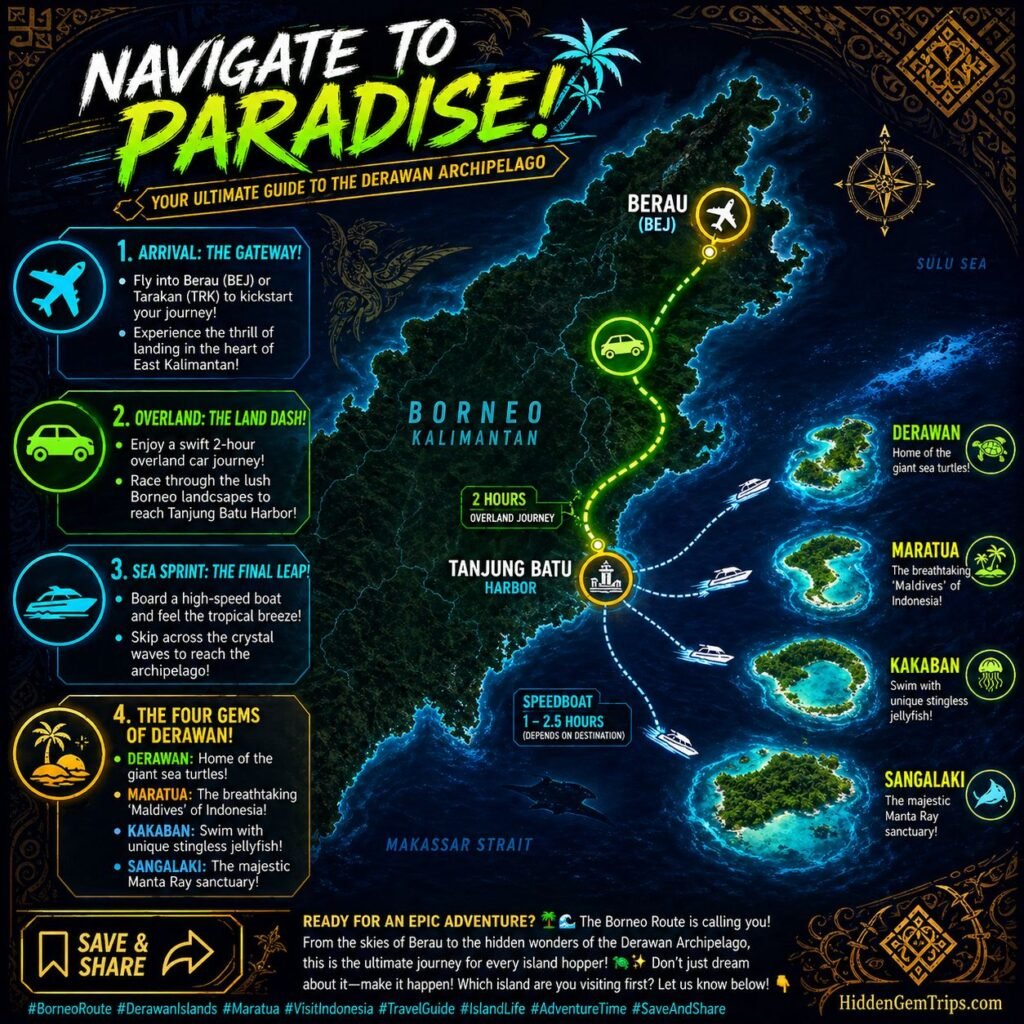 7 Amazing Secrets of the Derawan Islands That Go Beyond Orangutans 1 Breathtaking Derawan Islands: Infographic map showing the travel logistics from Berau and Tarakan to the Derawan Archipelago in East Kalimantan.