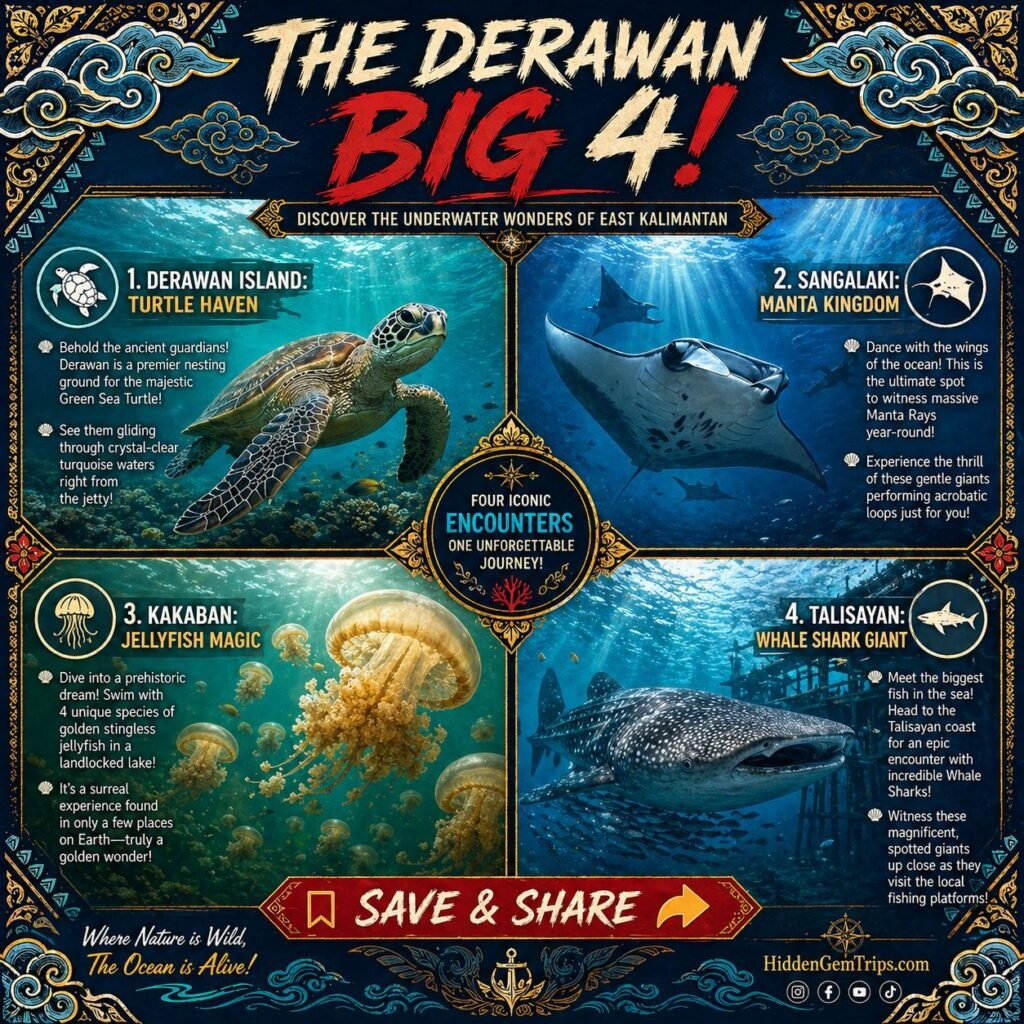 7 Amazing Secrets of the Derawan Islands That Go Beyond Orangutans 2 Breathtaking Derawan Islands: Illustration of the four main marine animals found in Derawan: Sea Turtles, Manta Rays, Stingless Jellyfish, and Whale Sharks.