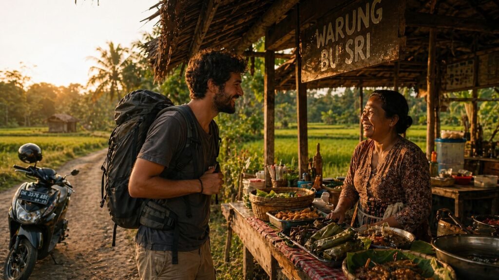 A traveler interacting with a local warung owner as part of budget hacks for finding hidden gems in Indonesia.