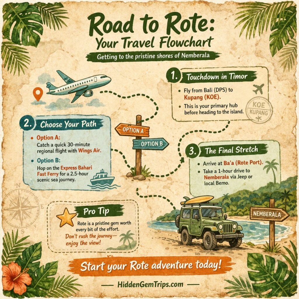 Stop the Bali Crowds: 7 Secret Rote Island Surf Spots (2026 Guide) 4 Rote Island Surf Spots: Flowchart showing travel route from Bali to Rote Island via Kupang including flight and ferry options.