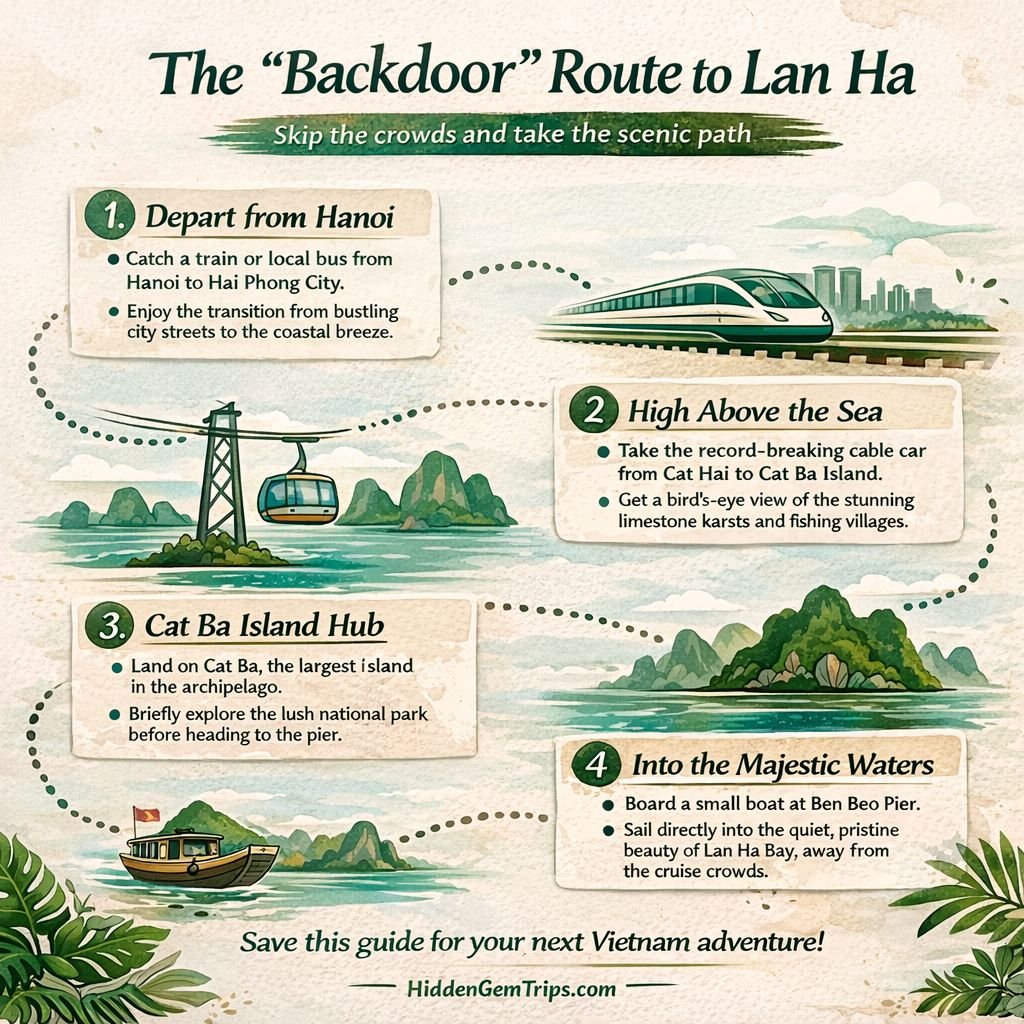 Infographic flowchart showing the route from Hanoi to Lan Ha Bay via Cat Ba Island.