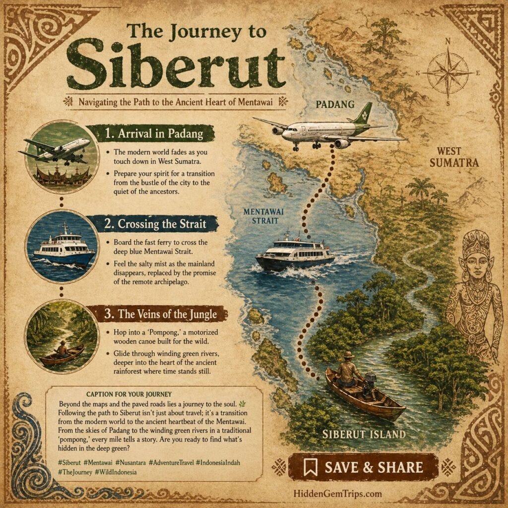 Avoid Lake Toba: 7 Untouched Mentawai Tribes Secrets 1 Untouched Mentawai Tribes: Infographic showing the travel route from Padang to Siberut Island via ferry and motorized canoe.