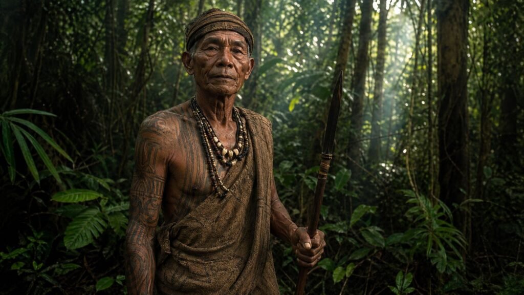 A traditional Mentawai Sikerei shaman standing in the misty jungles of Siberut Island.
