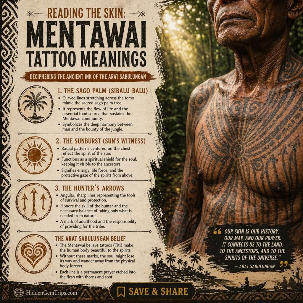 Avoid Lake Toba: 7 Untouched Mentawai Tribes Secrets 2 Untouched Mentawai Tribes: Infographic explaining the meaning behind traditional Mentawai tattoo patterns, including symbols for nature and balance.