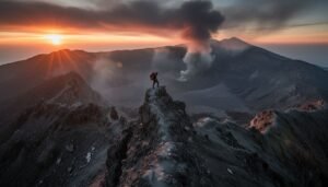 Mount Raung Guide - Trekker on the dangerous knife-edge ridge of East Java's volcano.