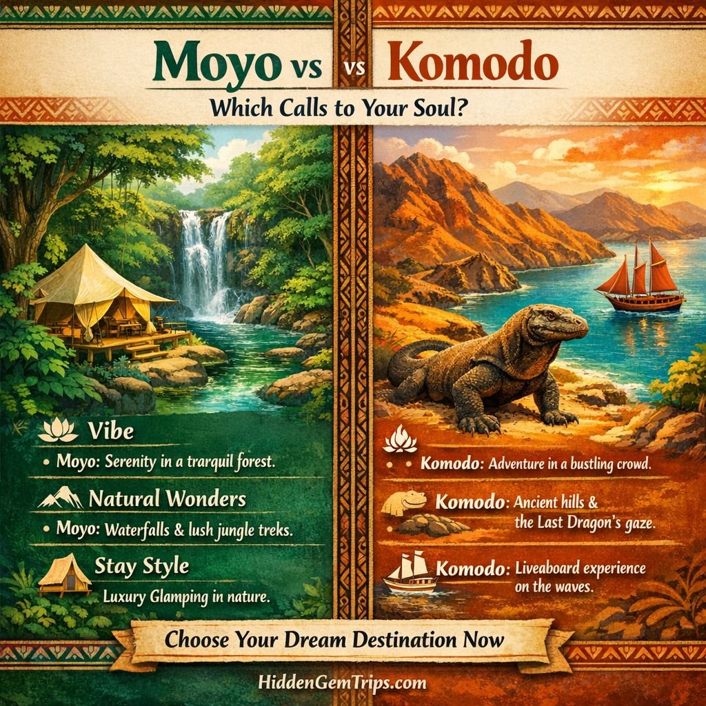Infographic comparing Moyo Island guide to Komodo National Park