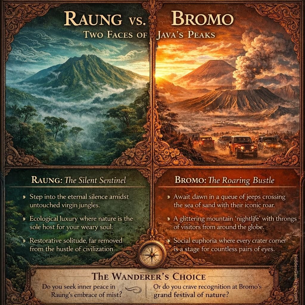 Mount Raung Guide: 5 Brutal Reasons to Skip Touristy Bromo 3 Infographic comparing Mount Raung Guide technical difficulty to the Mount Bromo tourist experience.
