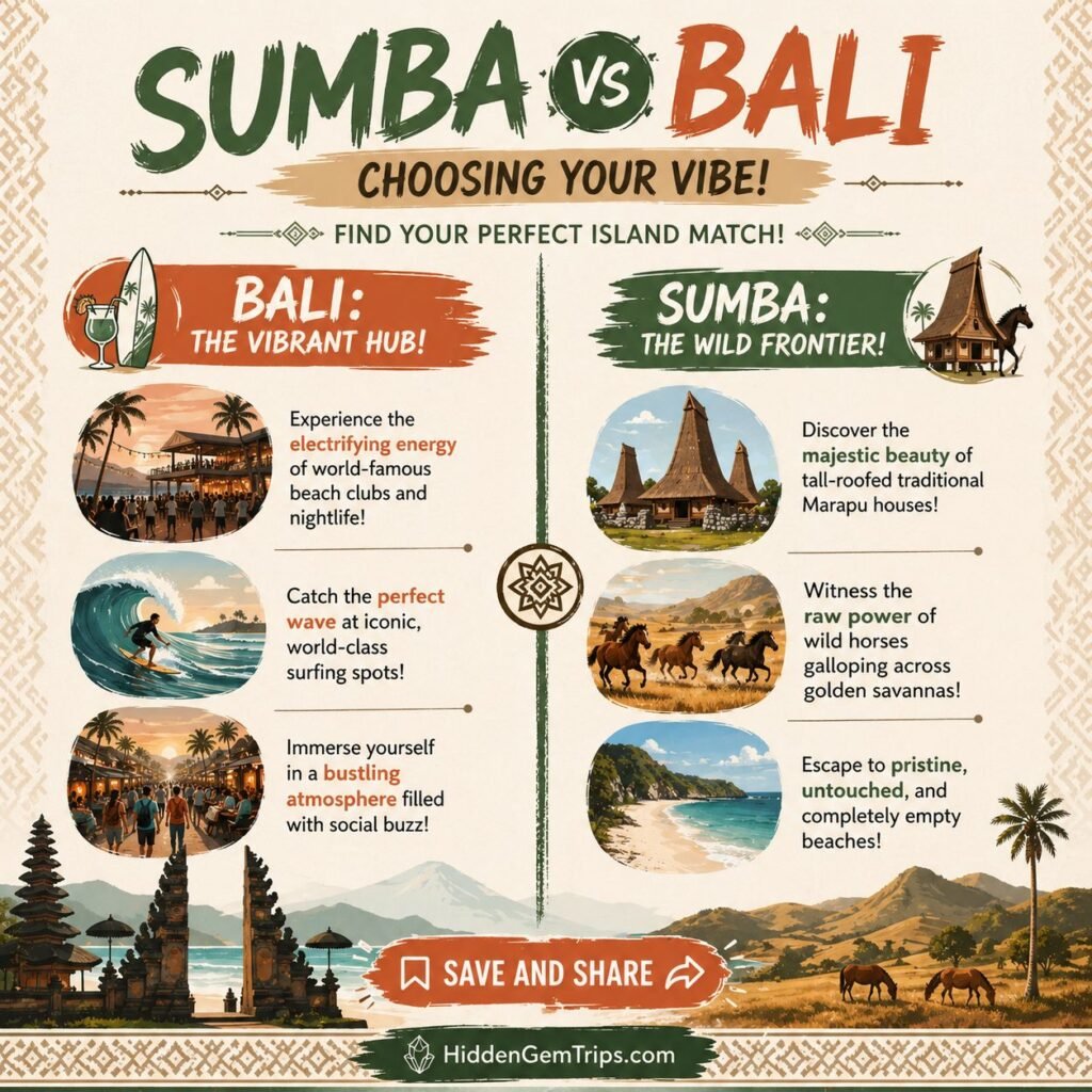 Infographic comparing crowded Bali tourism with Sumba island as one of hidden gems Indonesia.