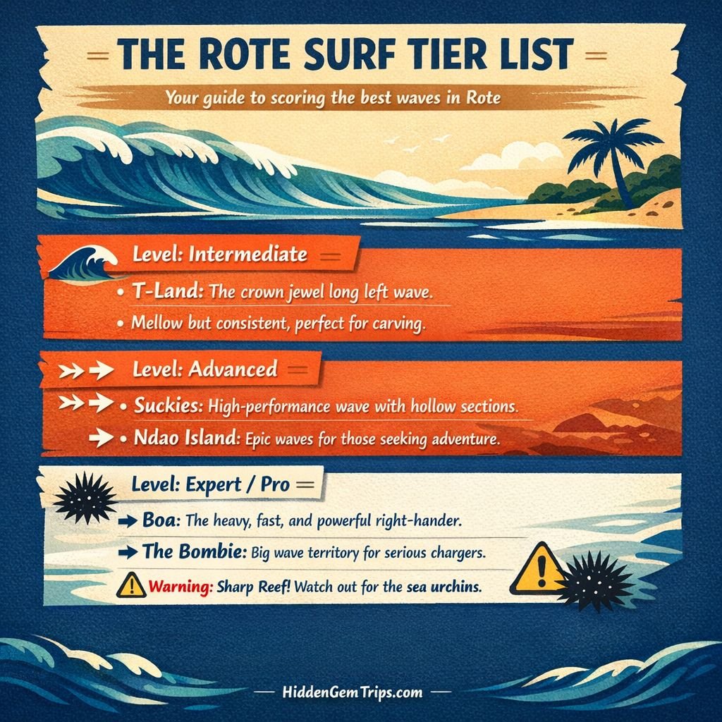 Stop the Bali Crowds: 7 Secret Rote Island Surf Spots (2026 Guide) 3 Rote Island surf spots categorized by difficulty and wave type including T-Land, Boa, and Suckies.