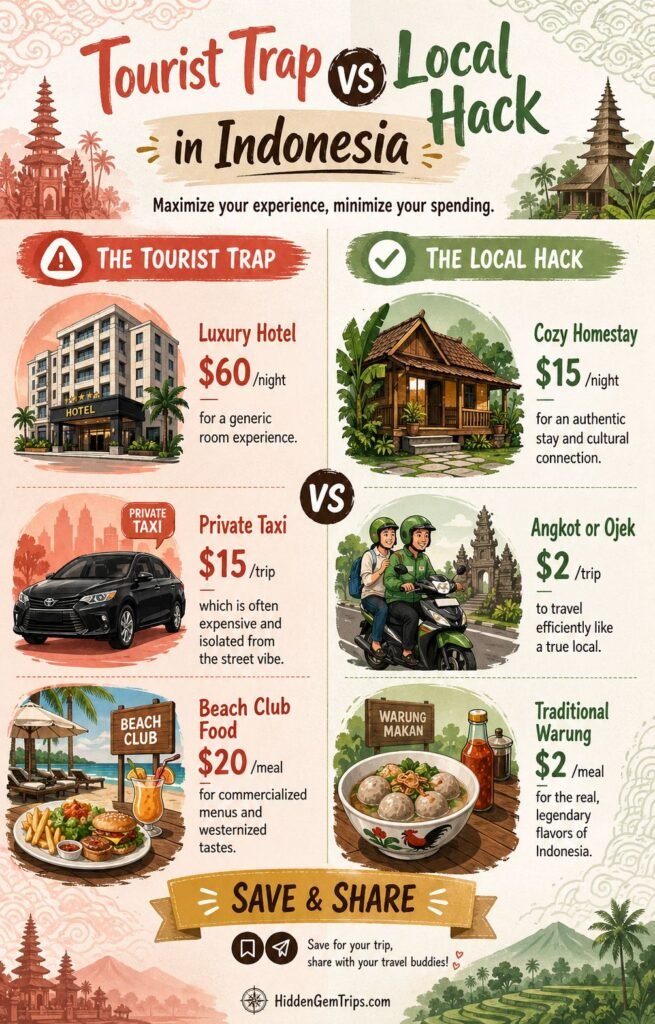 Infographic detailing the staggering cost difference between tourist traps and using budget hacks for finding hidden gems in Indonesia.