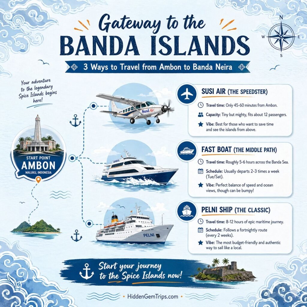 Infographic for Banda Islands travel guide showing transportation routes from Ambon