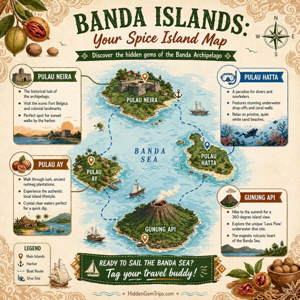 Island hopping map for Banda Islands travel guide