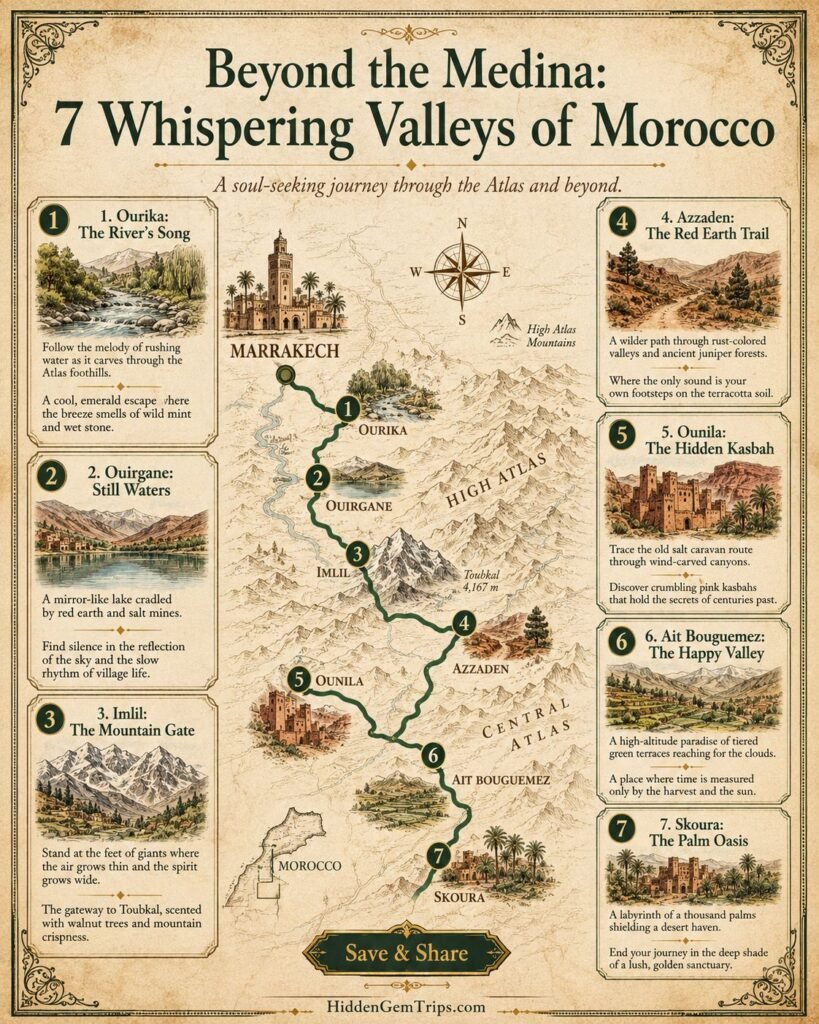 Morocco quiet valleys route map with 7 stops beyond Marrakech