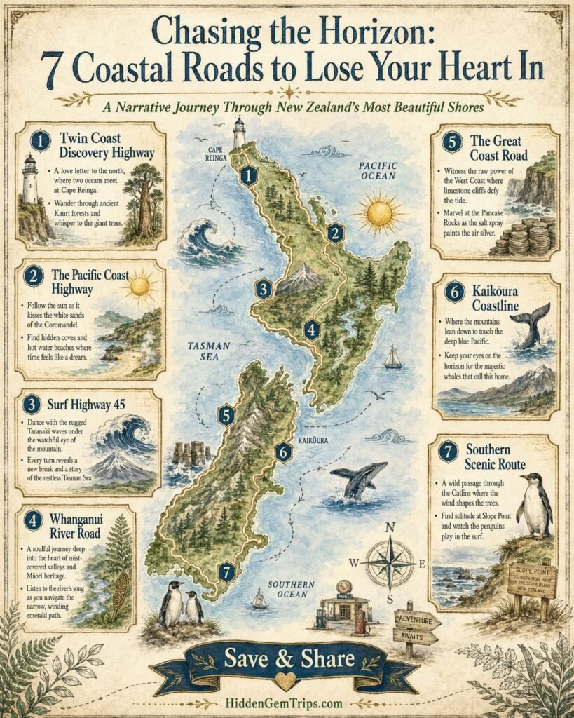 New Zealand coastal roads map with 7 quiet scenic drives