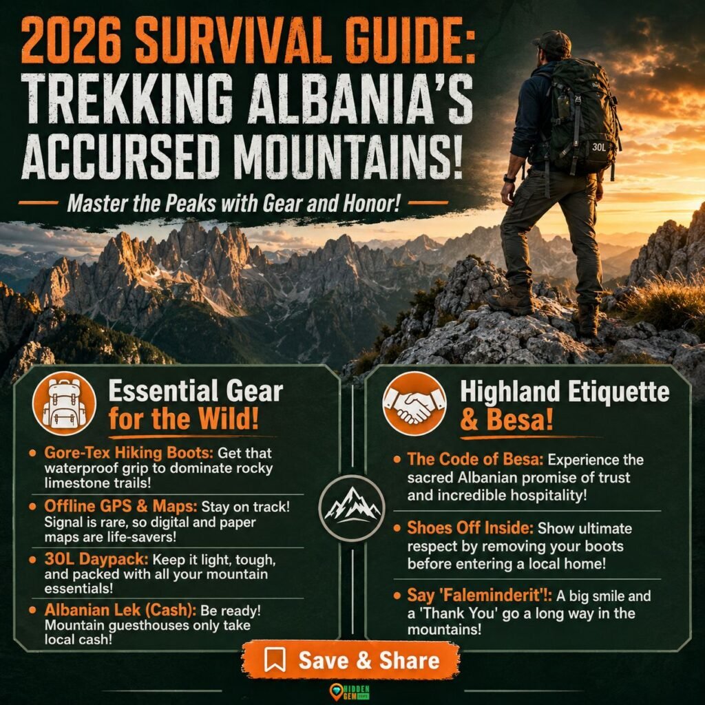 An essential infographic detailing the required hiking gear and cultural etiquette for trekking Albania's Accursed Mountains safely.