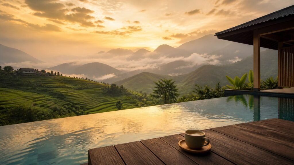 Affordable Opulence: A luxurious private infinity pool overlooking misty mountains in Vietnam.