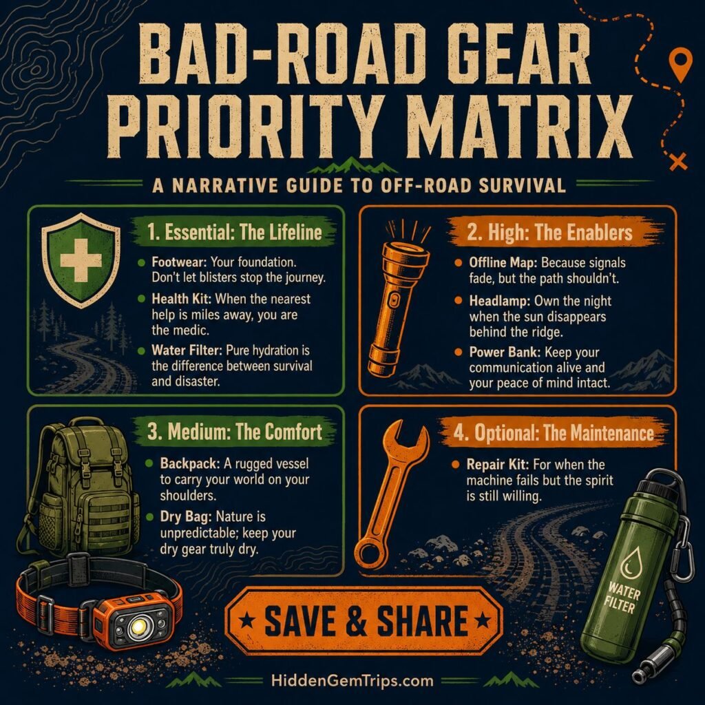 Remote travel gear infographic for bad roads and remote places