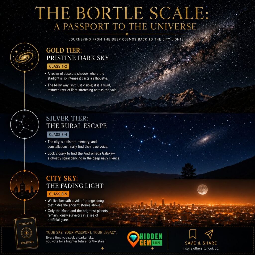 The Ultimate Guide to Your 2026 Star-Gazing Passports: 10 Epic Dark Sky Reserves 1 An infographic chart explaining the Bortle Scale tiers used to validate Star-Gazing Passports destinations worldwide.