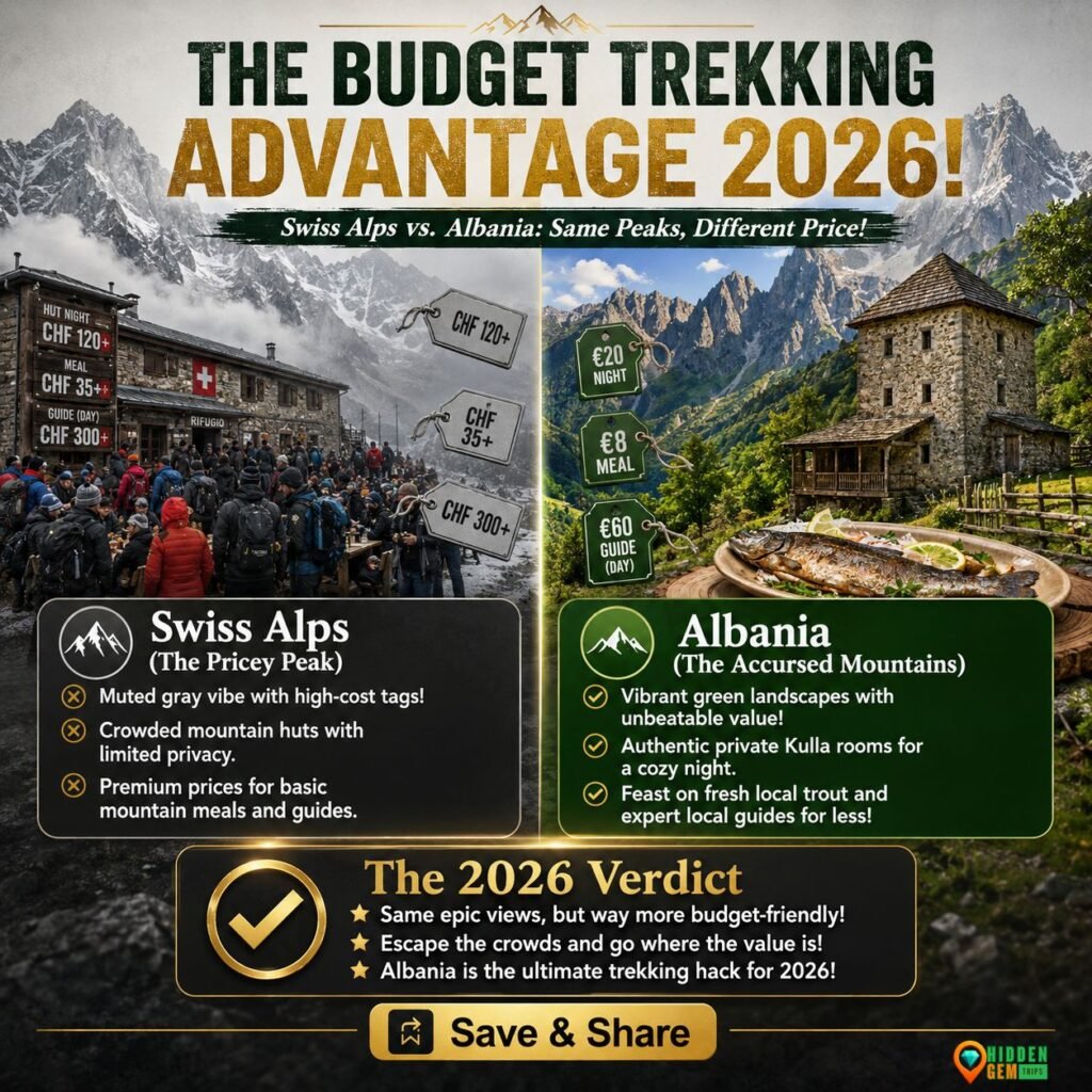 A financial comparison chart proving that Albania's Accursed Mountains provide a vastly cheaper and more authentic trekking alternative to the Swiss Alps.