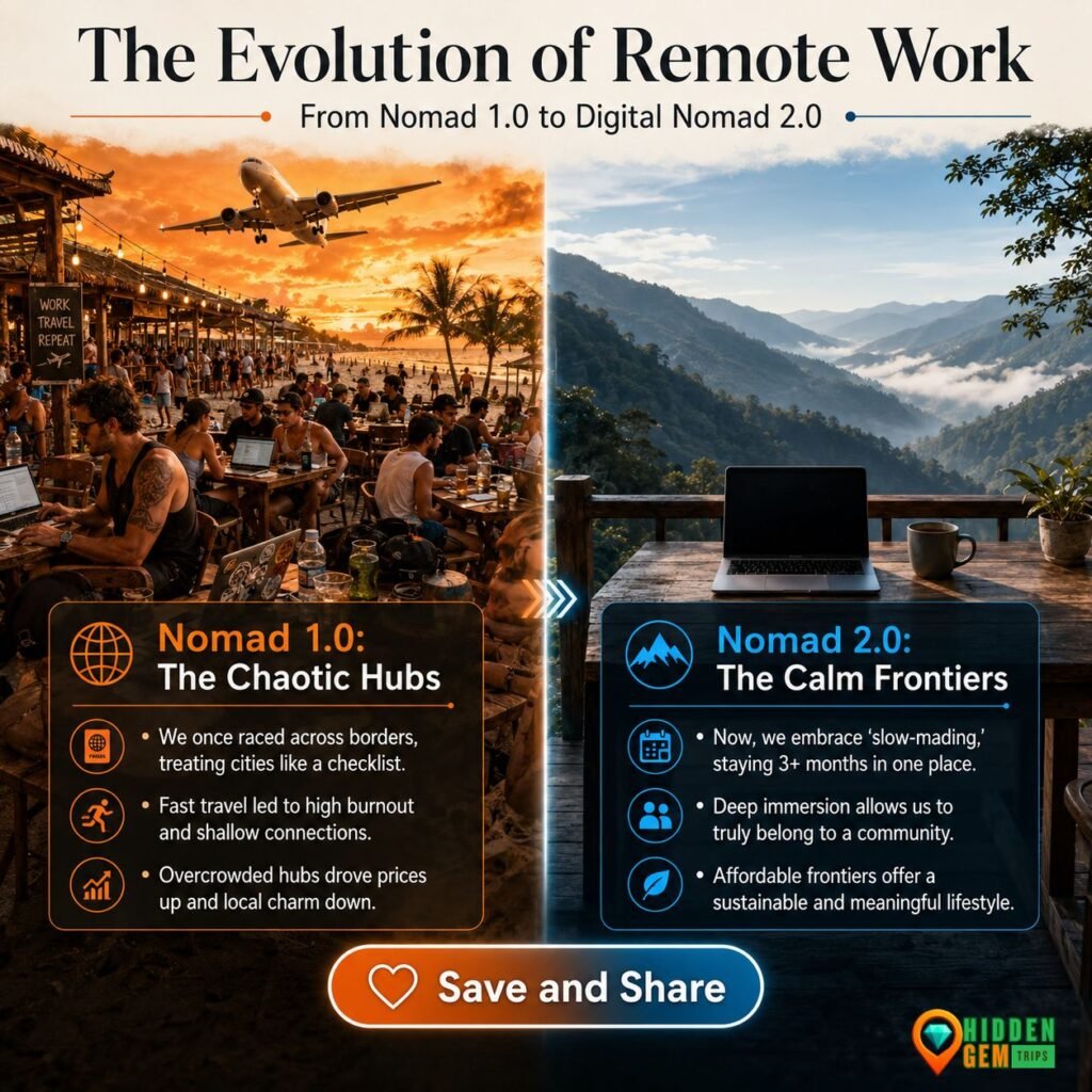 A comparative infographic from the Digital Nomad 2.0 Guide showing the shift from exhausting fast travel to sustainable slow-mading.