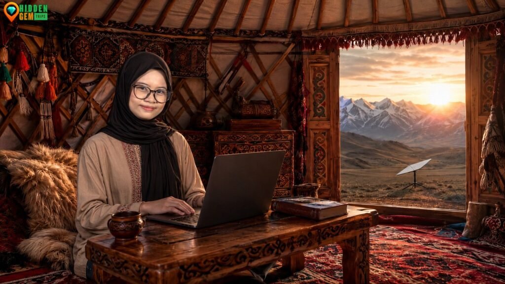A professional digital nomad working from a yurt in the mountains, representing the ultimate Digital Nomad 2.0 Guide lifestyle in Central Asia.