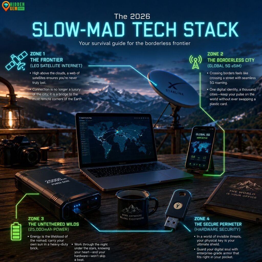 An infographic detailing the essential hardware and connectivity tech stack needed for the Digital Nomad 2.0 Guide lifestyle in remote areas.