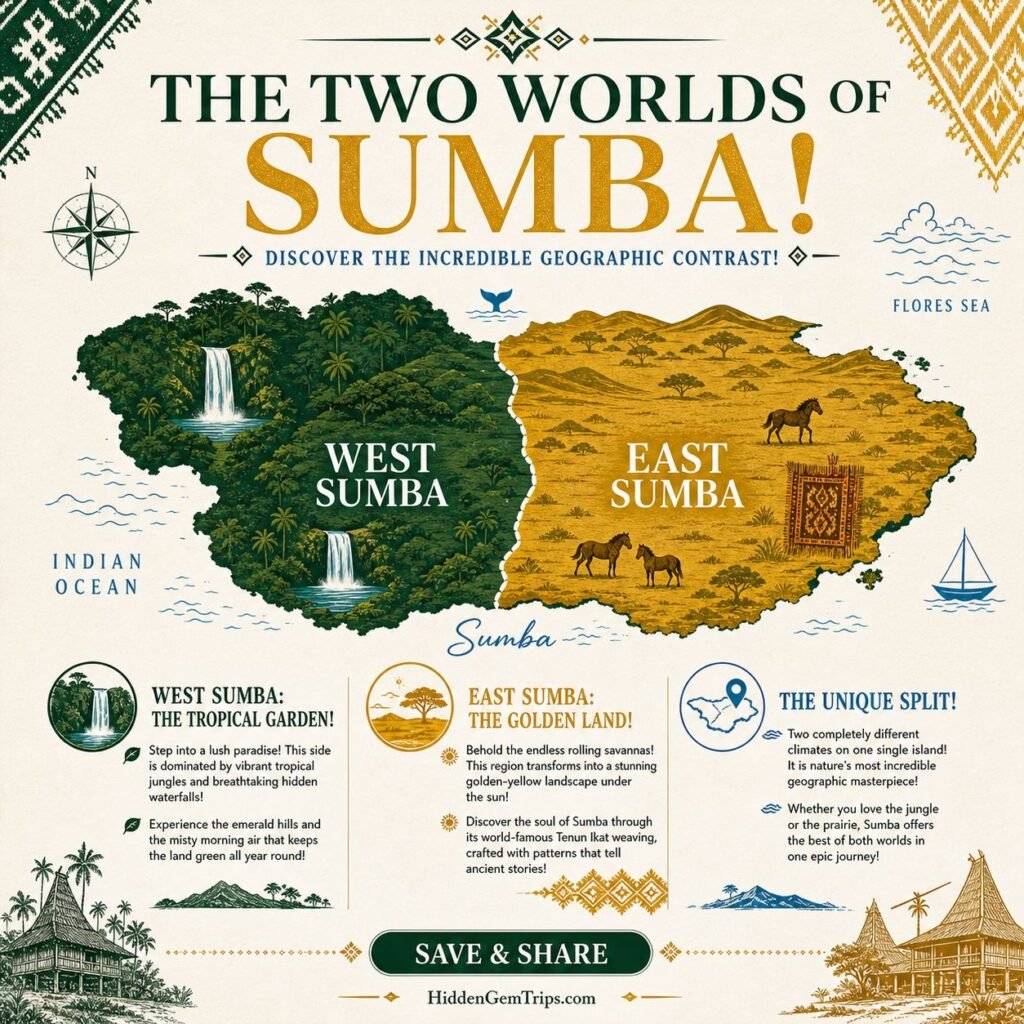 The Sumba Revolution: Why This “Forgotten” Island is Outpacing Bali In 2 A geographical map showing the distinct environmental differences between East and West for planning Sumba Island travel.