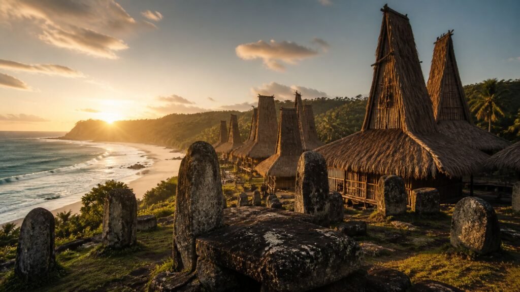 Traditional high-roofed Marapu houses and ancient megalithic tombs showcasing authentic Sumba Island travel.