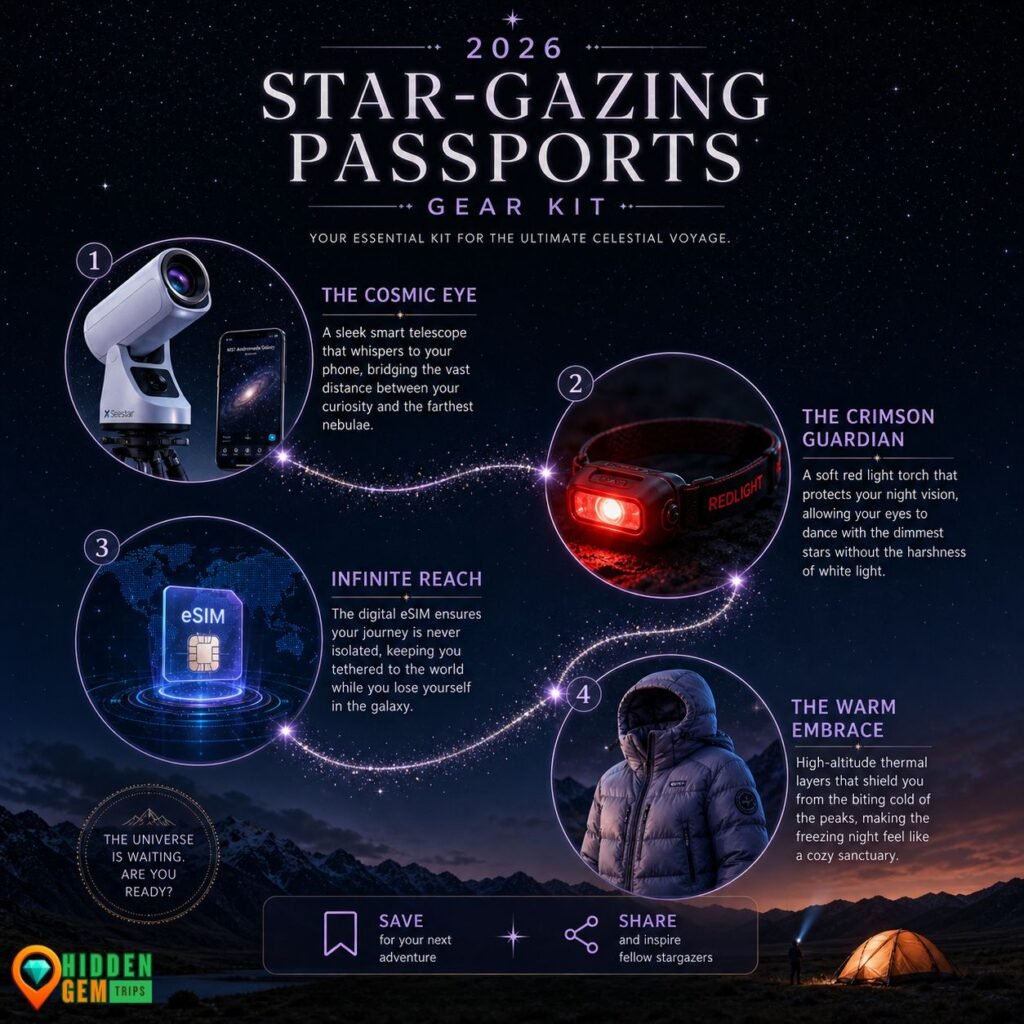 The Ultimate Guide to Your 2026 Star-Gazing Passports: 10 Epic Dark Sky Reserves 2 A visual checklist of essential gear required for an epic Star-Gazing Passports adventure in remote astronomical reserves.