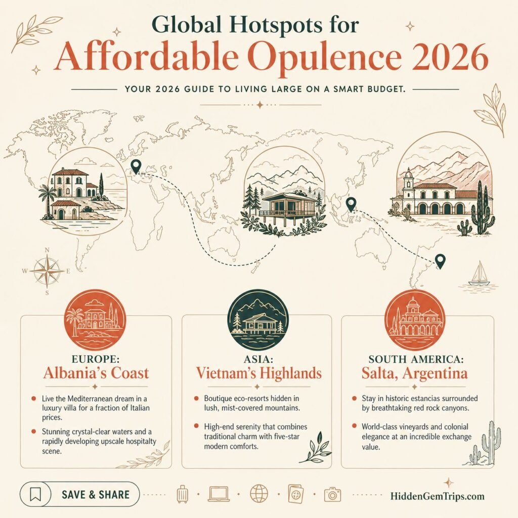 A map showing the top geo-arbitrage destinations like Albania and Vietnam for experiencing affordable opulence 2026.