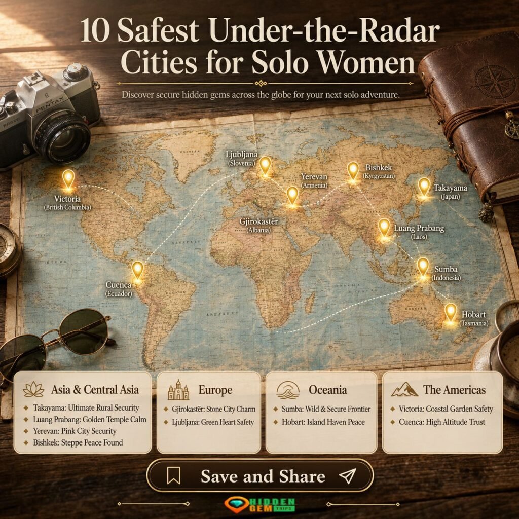 The 2026 Solo Female Travel Map: 10 Safest "Under-the-Radar" Cities 2 A global map infographic displaying the geographic locations of the 10 safest under-the-radar cities for solo female travelers in 2026.