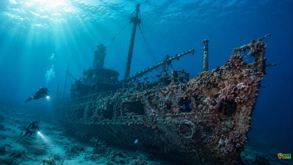 Hidden Vanuatu shipwrecks underwater with coral and divers