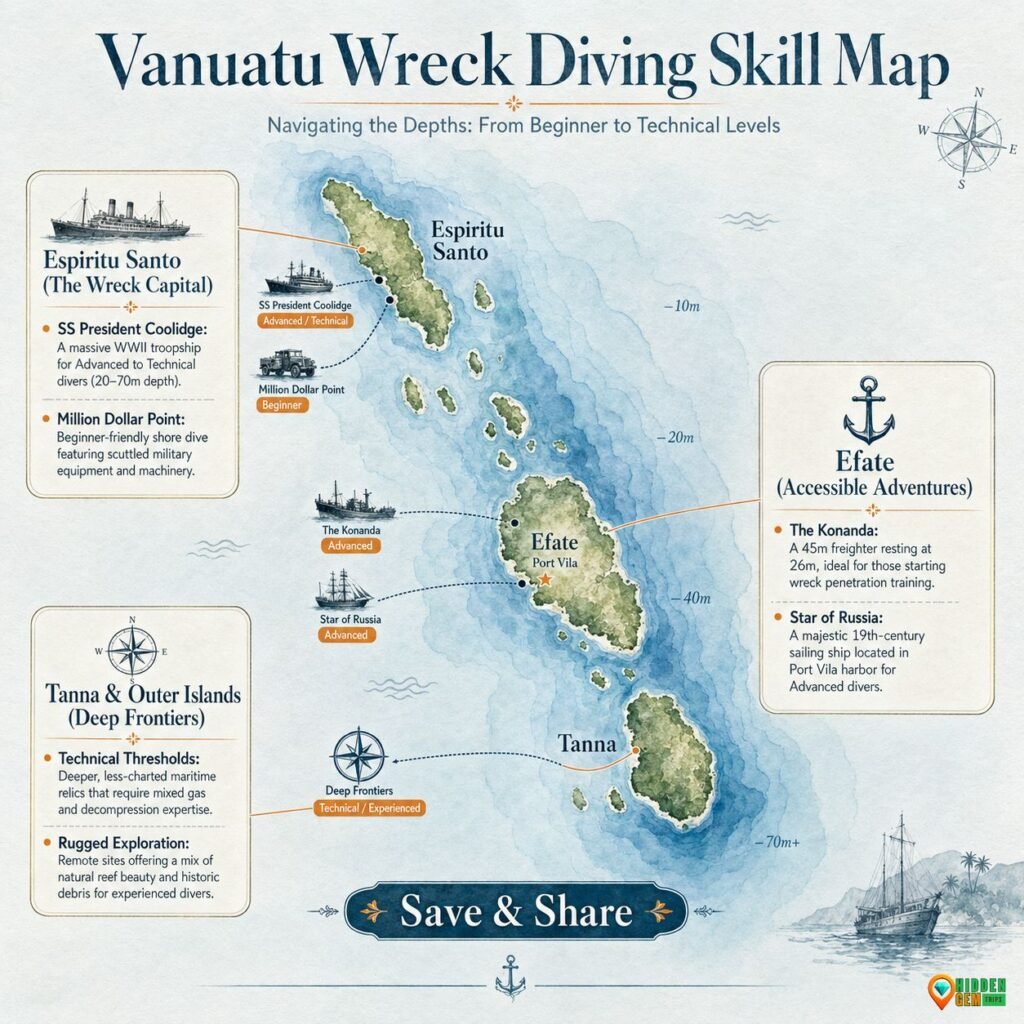 Hidden Vanuatu: Dive the Most Epic Secret Shipwrecks 1 Hidden Vanuatu shipwrecks skill level infographic for divers