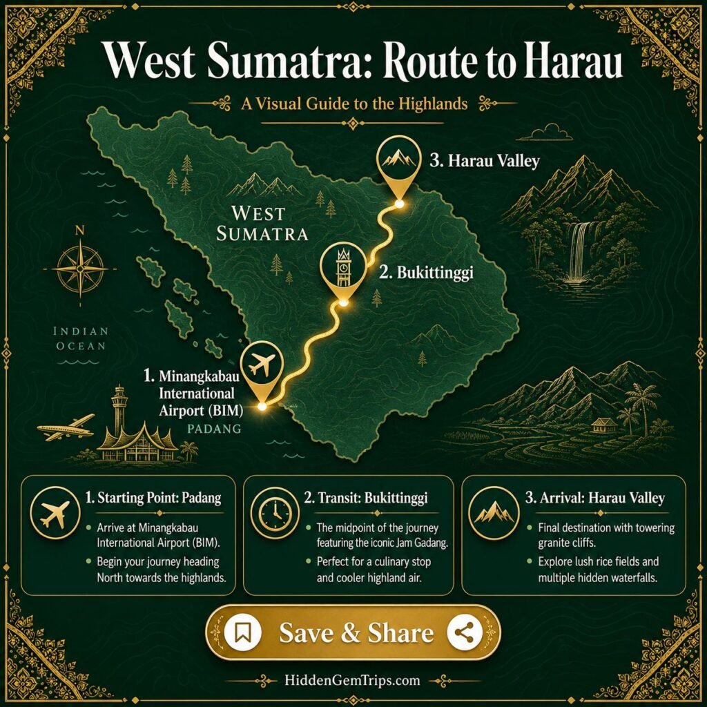 The Ultimate Harau Valley Guide to Sumatra: 7 Epic Secrets 1 Navigation route map from Padang to West Sumatra for your ultimate Harau Valley guide.