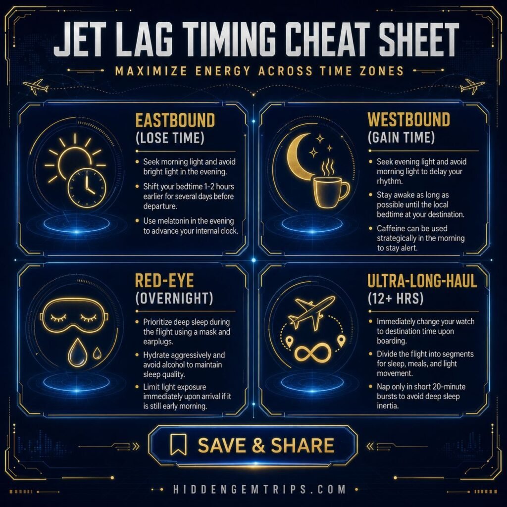 The Brutally Honest Guide to Surviving Long-Haul Flights 3 Surviving Long-Haul Flights: Jet Lag Timing Infographic