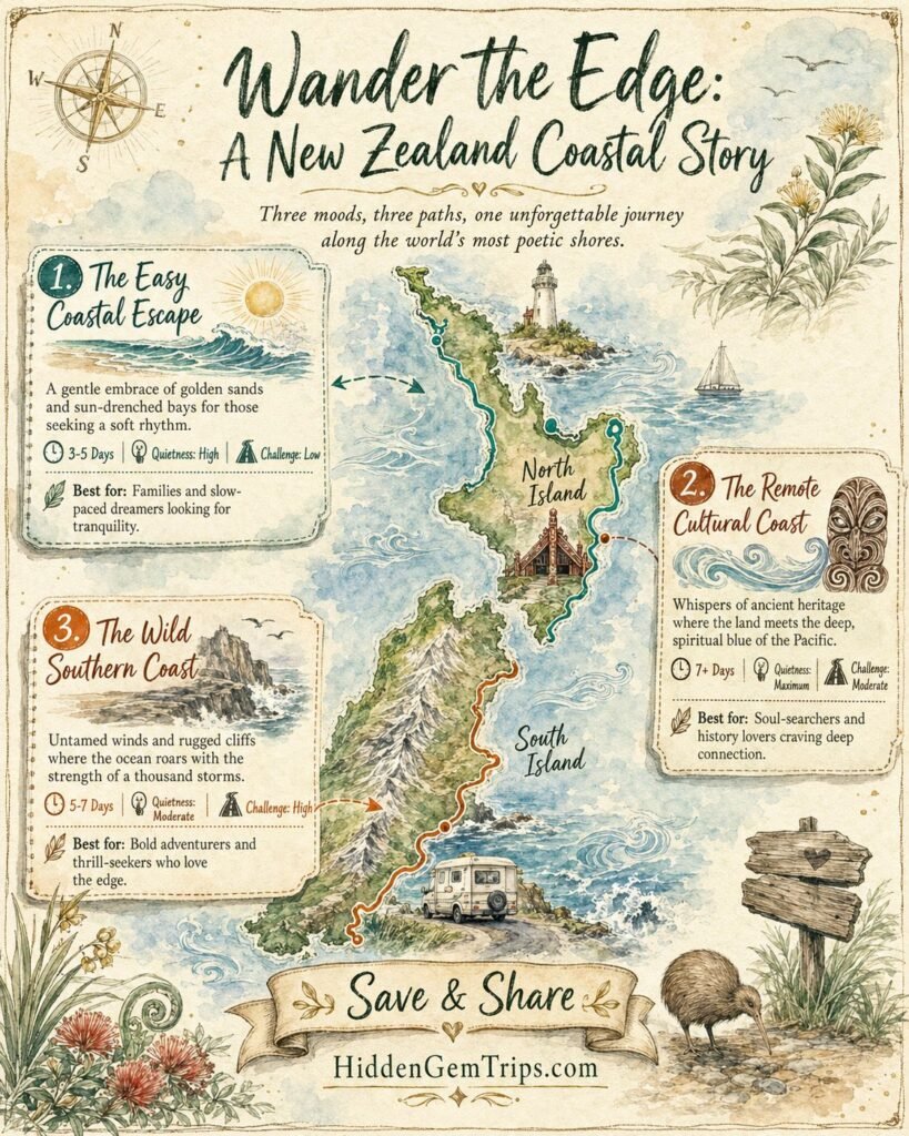 New Zealand coastal roads itinerary framework for quiet trips