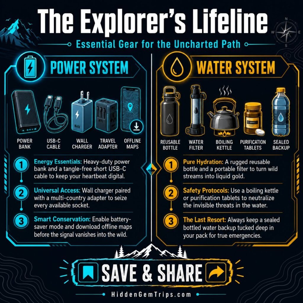 Remote travel gear infographic for bad roads and remote places