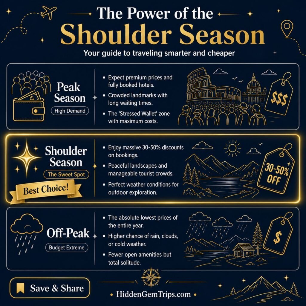 Infographic explaining how traveling during the shoulder season unlocks affordable opulence 2026 by reducing costs up to 50 percent.