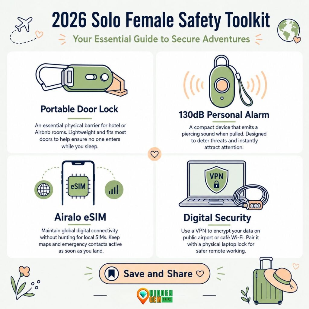 The 2026 Solo Female Travel Map: 10 Safest "Under-the-Radar" Cities 1 An illustrated infographic highlighting essential security gear for exploring the safest under-the-radar cities globally in 2026.