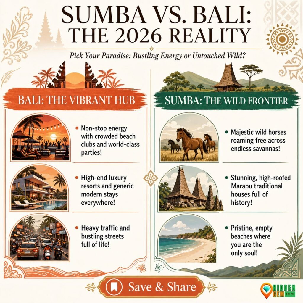 The Sumba Revolution: Why This “Forgotten” Island is Outpacing Bali In 1 An infographic comparing the crowded mass tourism of Bali with the raw authenticity of Sumba Island travel.