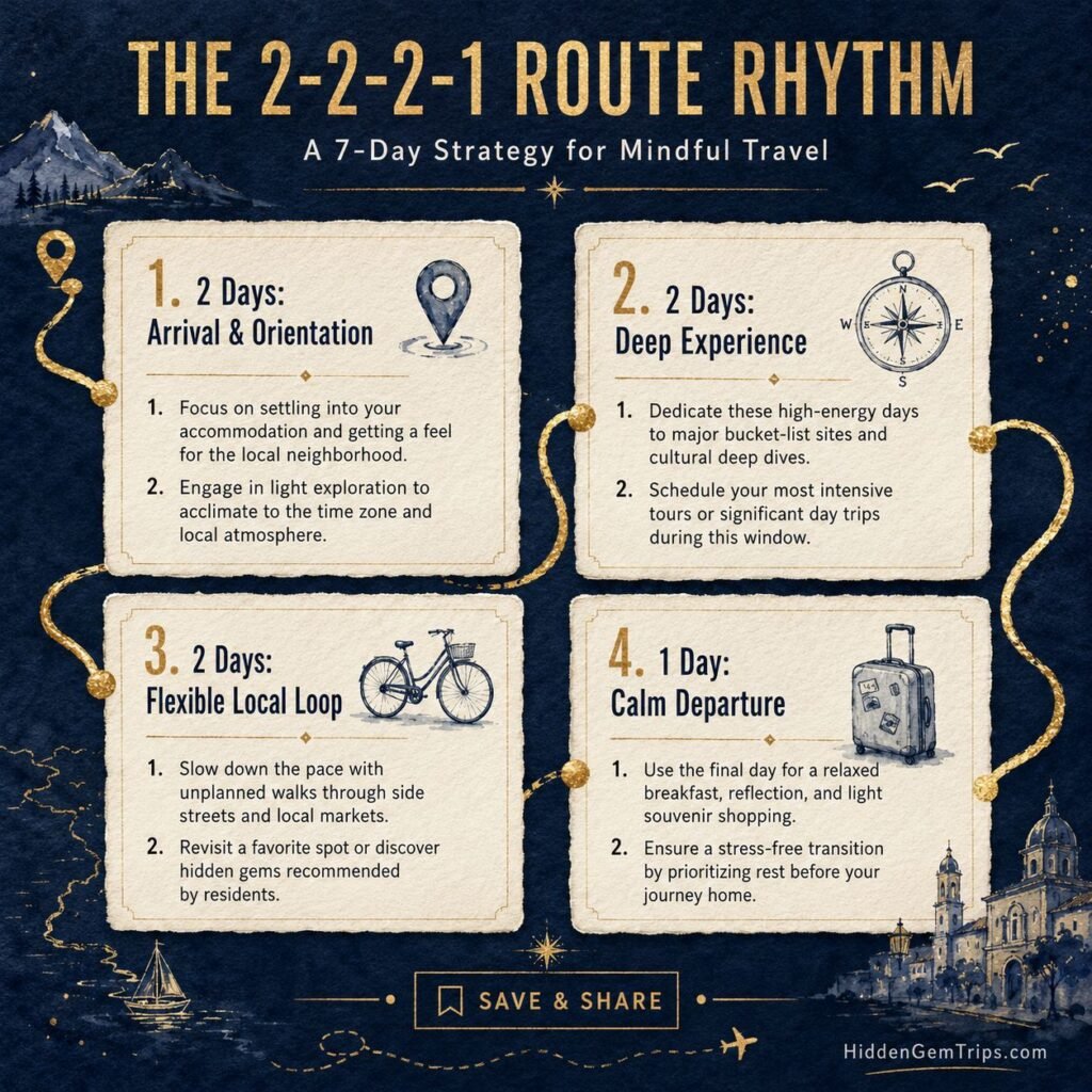 7-Day Travel Itinerary infographic showing the 2-2-2-1 route rhythm for deep travel