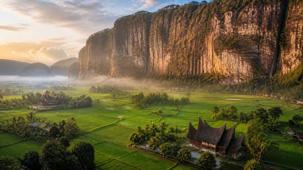 Towering granite cliffs and lush green rice paddies in Harau Valley, West Sumatra.
