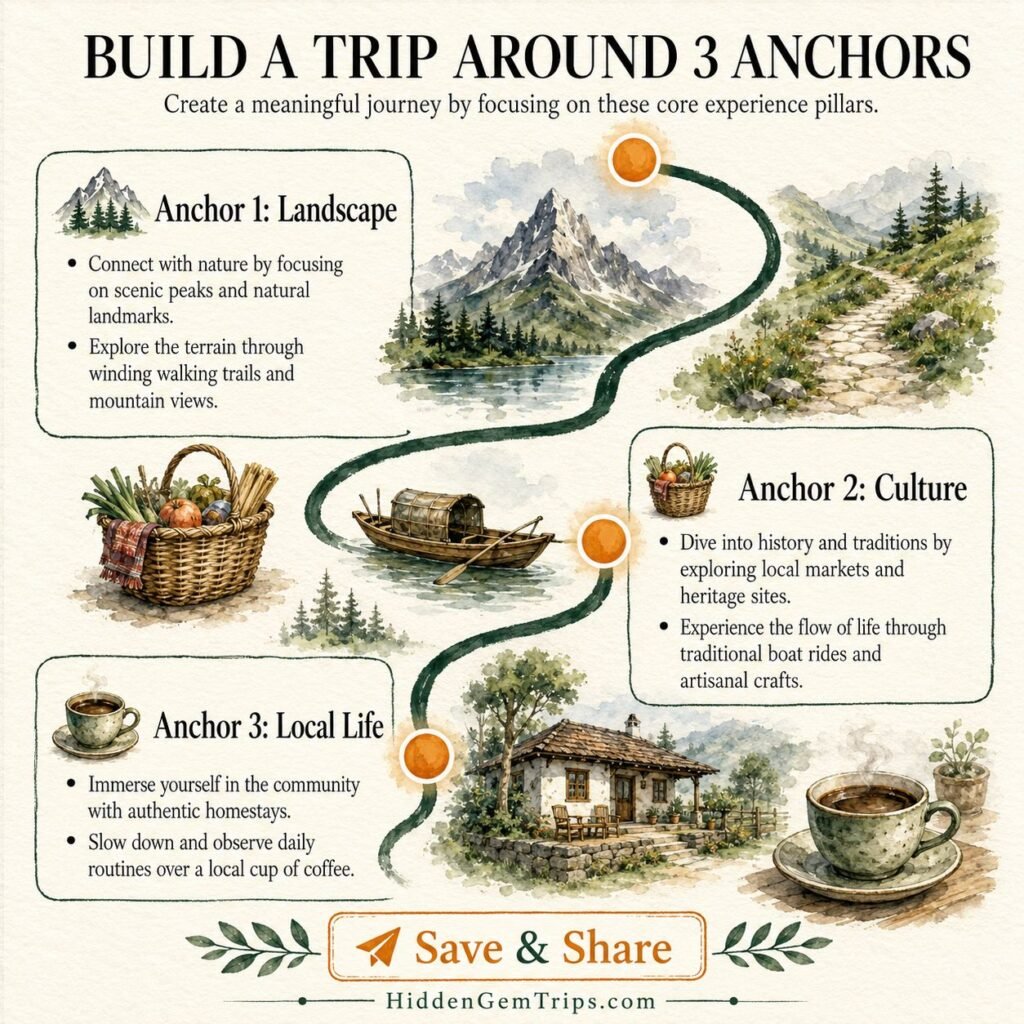 7-Day Travel Itinerary anchor map with landscape culture and local life experiences