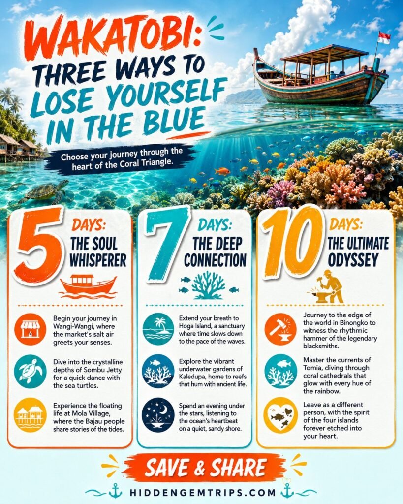 Wakatobi travel guide itinerary infographic for 5 day 7 day and 10 day routes