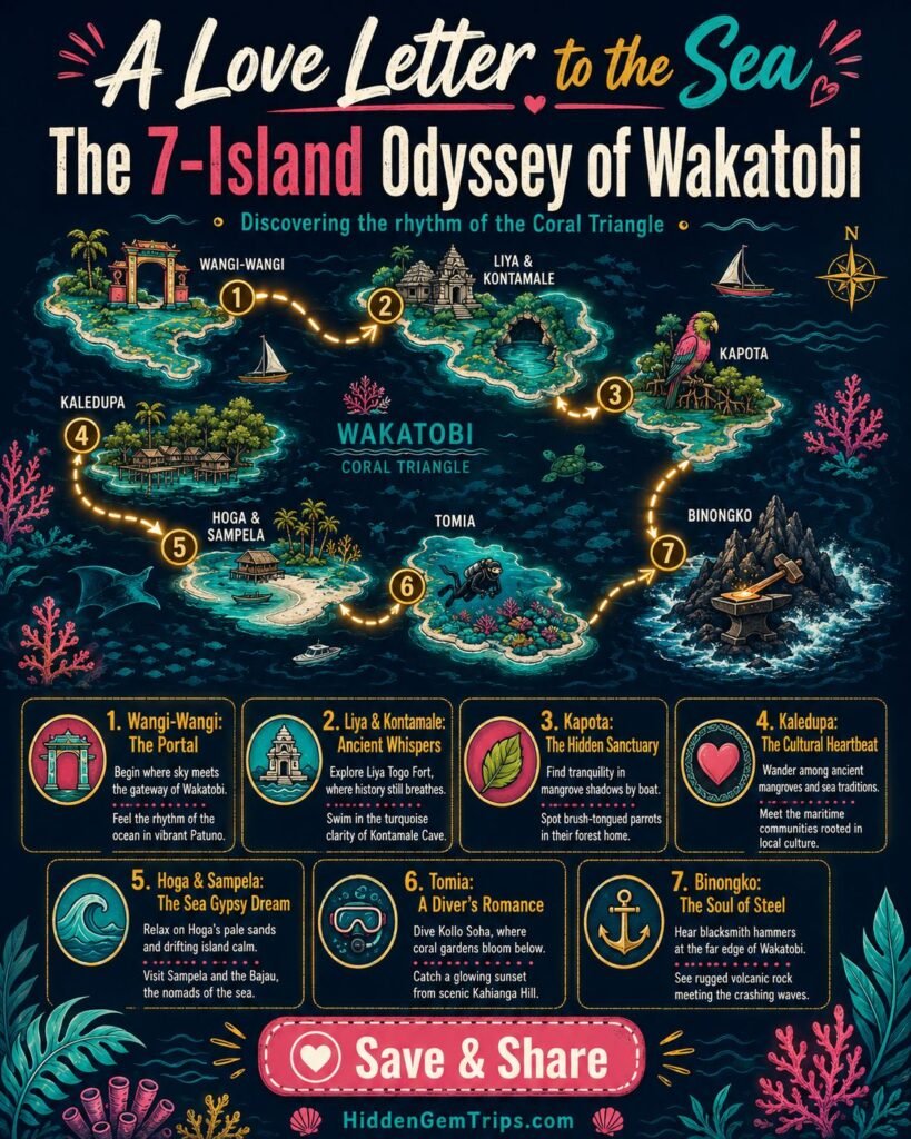 Wakatobi travel guide infographic map with 7 local island stops
